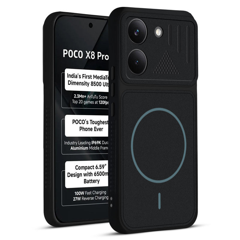 Front and back view of Stone Black protective back cover for Poco X8 Pro 5G with textured sides, camera guard and slim fit design.