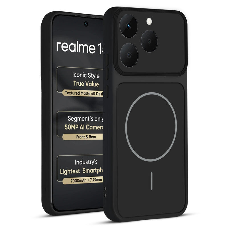 Front and back view of Stone Black - Blue Ring protective back cover for Realme 15T 5Gwith textured sides, camera guard and slim fit design.