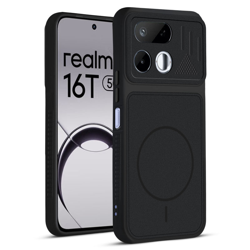 Front and back view of Stone Black protective back cover for Realme 16T 5G with textured sides, camera guard and slim fit design.
