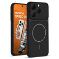 Front and back view of Stone Black - Blue Ring protective back cover for Realme Narzo 90 5G with textured sides, camera guard and slim fit design.