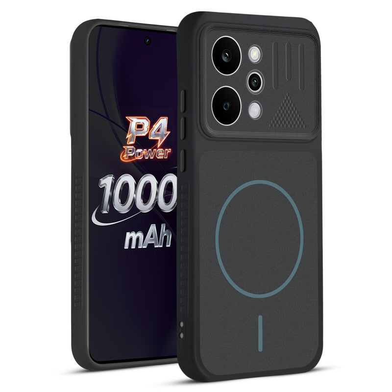 Front and back view of Stone Black protective back cover for Realme P4 Power 5G with textured sides, camera guard and slim fit design.