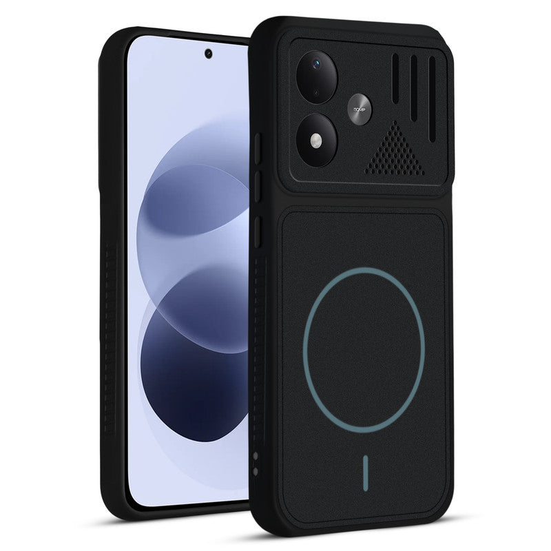 Front and back view of Stone Black protective back cover for Redmi Note 17 5G with textured sides, camera guard and slim fit design.