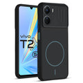 Front and back view of Stone Black - Blue Ring protective back cover for Vivo T2x 5G with textured sides, camera guard and slim fit design.