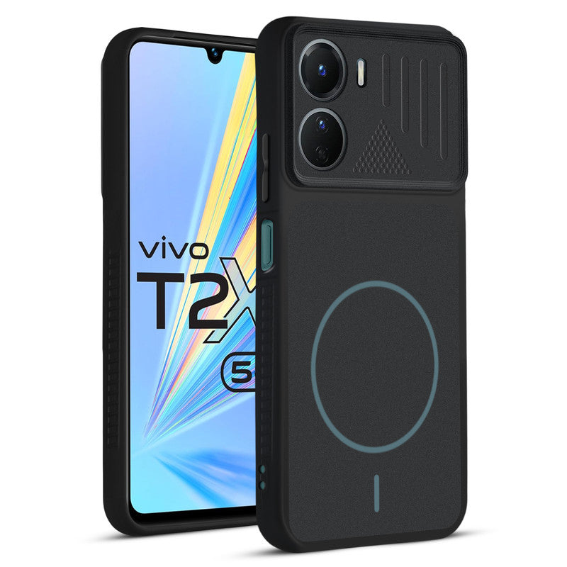 Front and back view of Stone Black - Blue Ring protective back cover for Vivo T2x 5G with textured sides, camera guard and slim fit design.