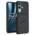 Front and back view of Stone Black protective back cover for Vivo T4x 5G with textured sides, camera guard and slim fit design.