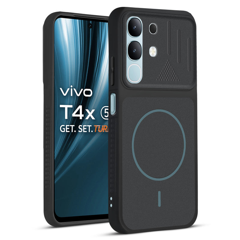 Front and back view of Stone Black protective back cover for Vivo T4x 5G with textured sides, camera guard and slim fit design.