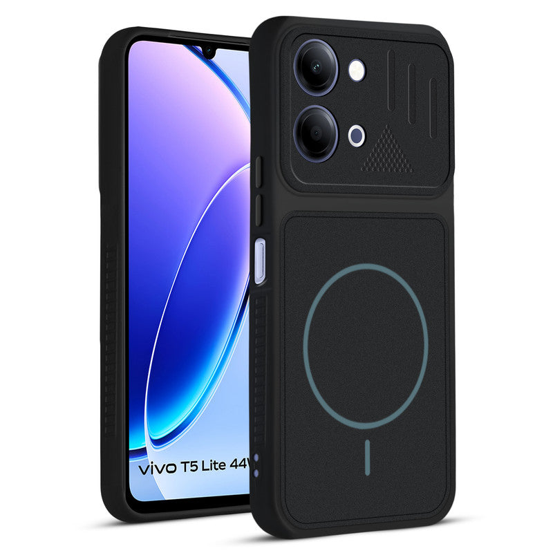 Front and back view of Stone Black protective back cover for Vivo T5 Lite 5G with textured sides, camera guard and slim fit design.