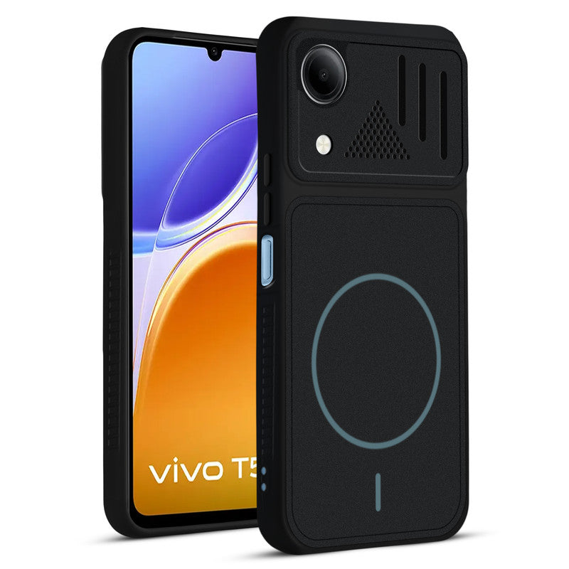 Front and back view of Stone Black protective back cover for Vivo T5e 5G with textured sides, camera guard and slim fit design.