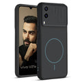 Front and back view of Stone Black protective back cover for Vivo V21e 5G with textured sides, camera guard and slim fit design.