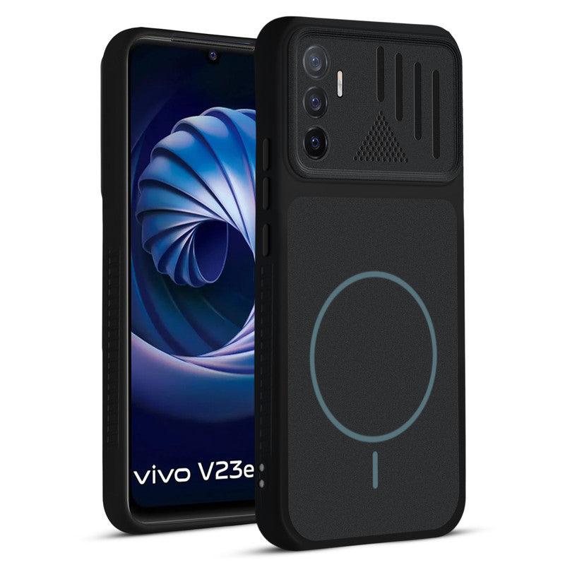 Front and back view of Stone Black protective back cover for Vivo V23e 5G with textured sides, camera guard and slim fit design.