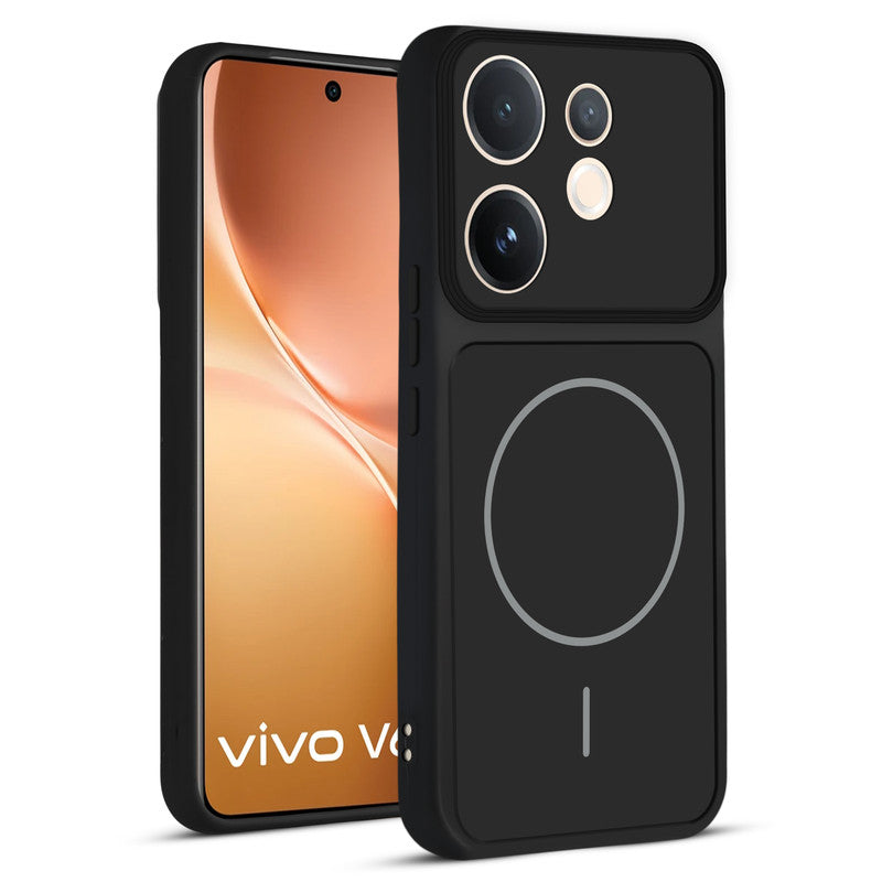 Front and back view of Stone Black protective back cover for Vivo V60 5G with textured sides, camera guard and slim fit design.