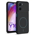 Front and back view of Stone Black - Blue Ring protective back cover for Vivo Y16 with textured sides, camera guard and slim fit design.