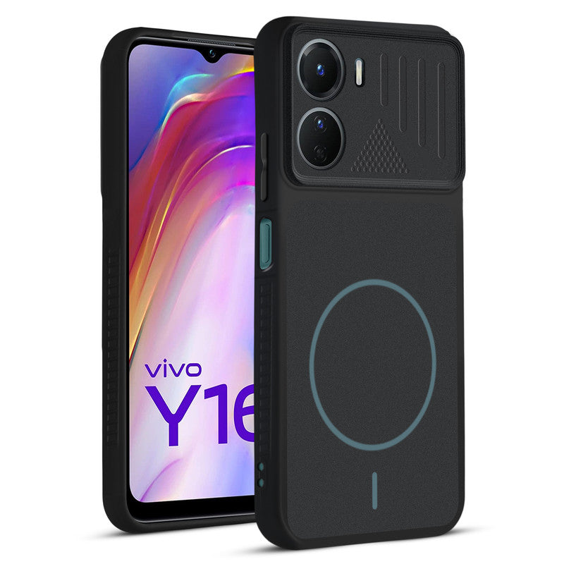 Front and back view of Stone Black - Blue Ring protective back cover for Vivo Y16 with textured sides, camera guard and slim fit design.