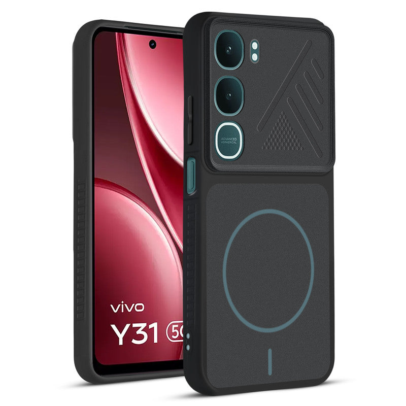 Front and back view of Stone Black protective back cover for Vivo Y31 Pro 5G with textured sides, camera guard and slim fit design.