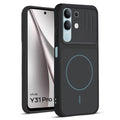 Front and back view of Stone Black protective back cover for Vivo Y31 5G with textured sides, camera guard and slim fit design.