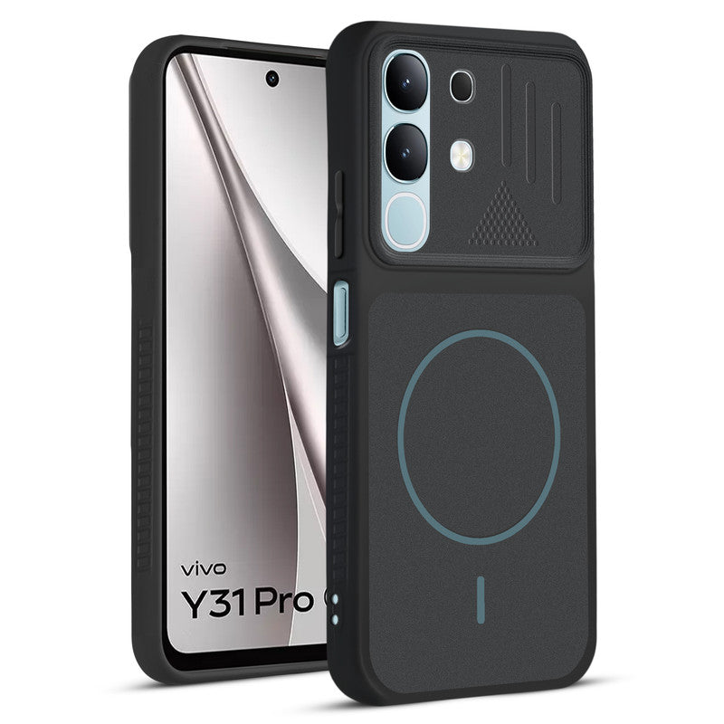 Front and back view of Stone Black protective back cover for Vivo Y31 5G with textured sides, camera guard and slim fit design.
