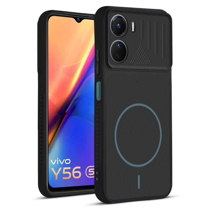 Front and back view of Stone Black - Blue Ring protective back cover for Vivo Y56 5G with textured sides, camera guard and slim fit design.