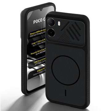 Stone Black - Black Ring back cover for Poco C81 4G with camera cut protection and ring design on back side.