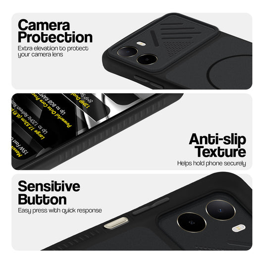 Stone Black - Black Ring phone case for Poco C81 4G showing camera safety edges, anti slip side grip and easy press button covers.