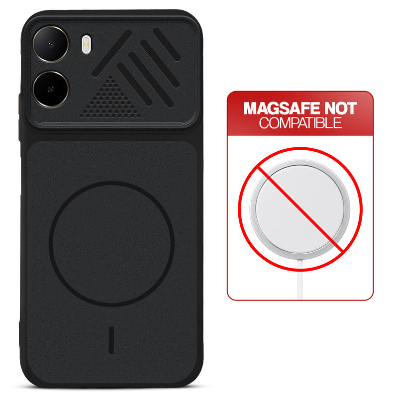 Stone Black - Black Ring back cover for Poco C81 4G with printed ring pattern and message showing not compatible with MagSafe charging.