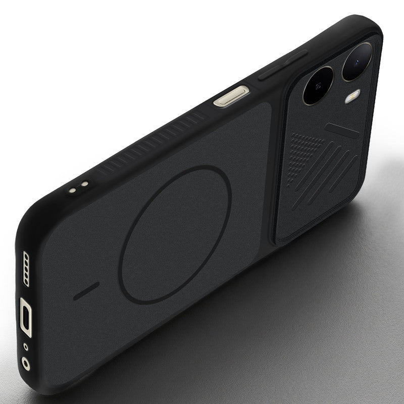 Angled view of Stone Black - Black Ring mobile case for Poco C81 4G with proper charging port cutout, speaker holes and strong corner protection.