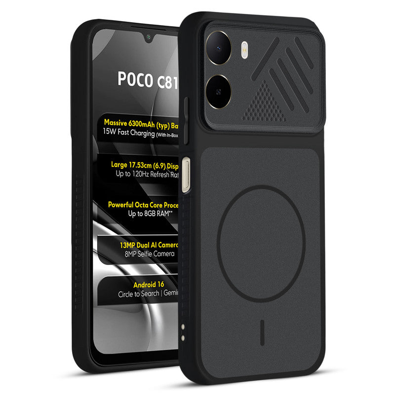 Front and back view of Stone Black - Black Ring protective back cover for Poco C81 4G with textured sides, camera guard and slim fit design.