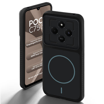 Stone Black - Blue Ring back cover for Poco C75 5G with camera cut protection and ring design on back side.