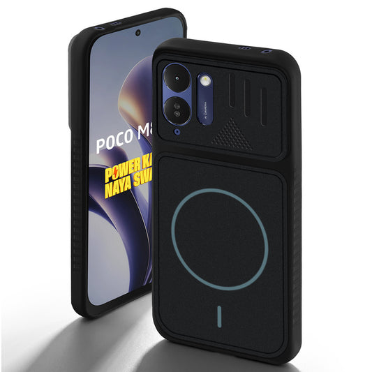 Stone Black - Blue Ring back cover for Poco M8x 5G with camera cut protection and ring design on back side.