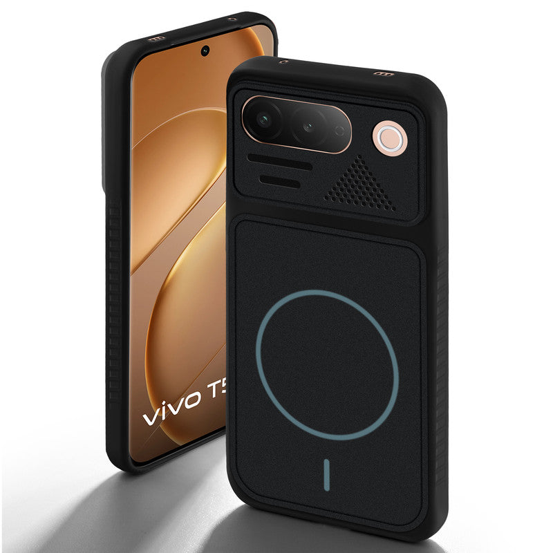 Stone Black - Blue Ring back cover for Vivo T5 5G with camera cut protection and ring design on back side.