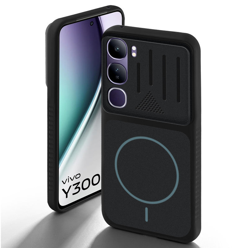 Stone Black - Blue Ring back cover for Vivo Y300 5G with camera cut protection and ring design on back side.