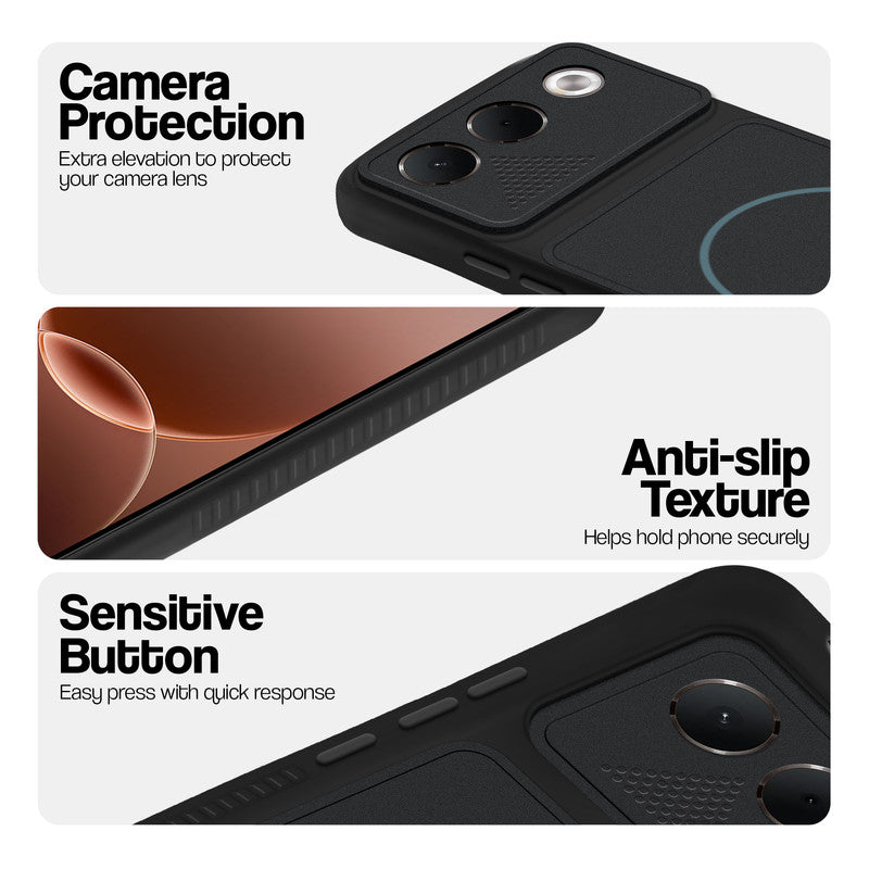Stone Black - Blue Ring phone case for Oppo F35 5G showing camera safety edges, anti slip side grip and easy press button covers.