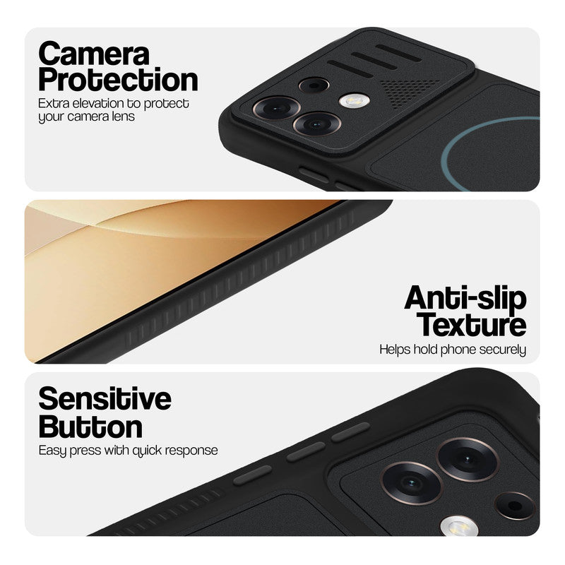Stone Black - Blue Ring phone case for Oppo F35 Pro 5G showing camera safety edges, anti slip side grip and easy press button covers.