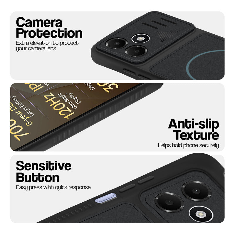Stone Black - Blue Ring phone case for OPPO K14 Lite 5G showing camera safety edges, anti slip side grip and easy press button covers.