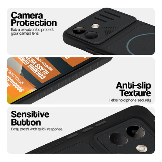 Stone Black - Blue Ring phone case for POCO X8 5G showing camera safety edges, anti slip side grip and easy press button covers.