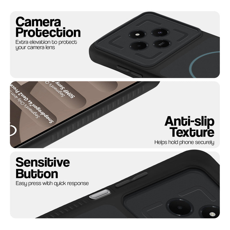 Stone Black - Blue Ring phone case for Poco C75 5G showing camera safety edges, anti slip side grip and easy press button covers.