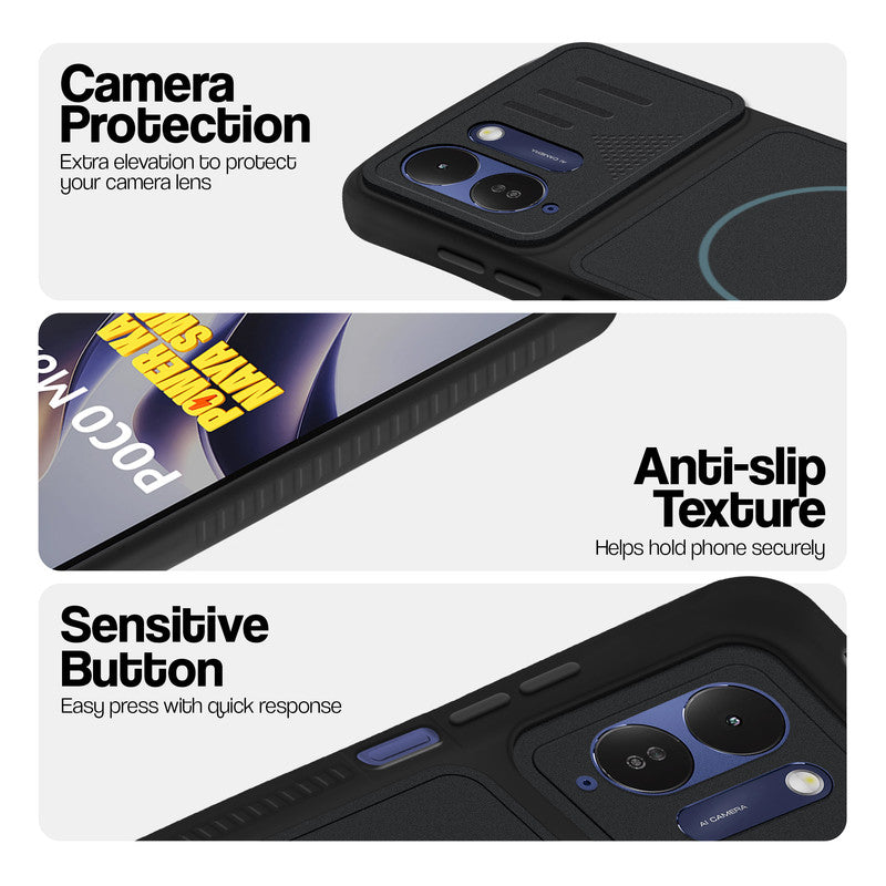 Stone Black - Blue Ring phone case for Poco M8x 5G showing camera safety edges, anti slip side grip and easy press button covers.
