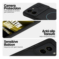 Stone Black - Blue Ring phone case for Poco X8 Power 5G showing camera safety edges, anti slip side grip and easy press button covers.
