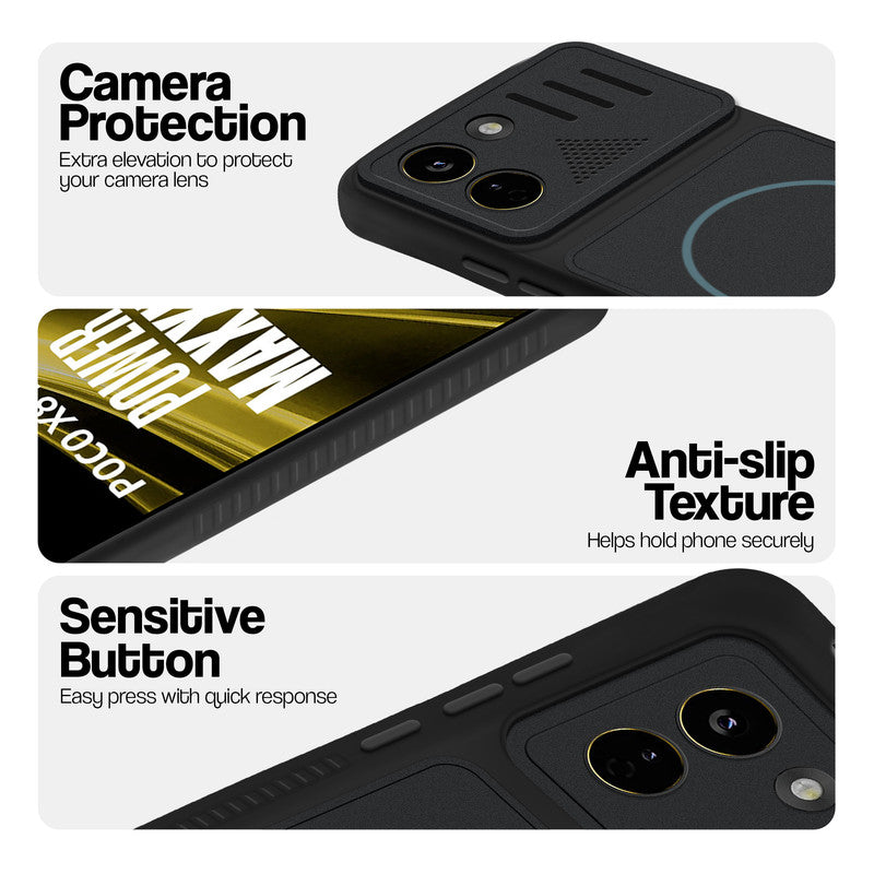 Stone Black - Blue Ring phone case for Poco X8 Power 5G showing camera safety edges, anti slip side grip and easy press button covers.