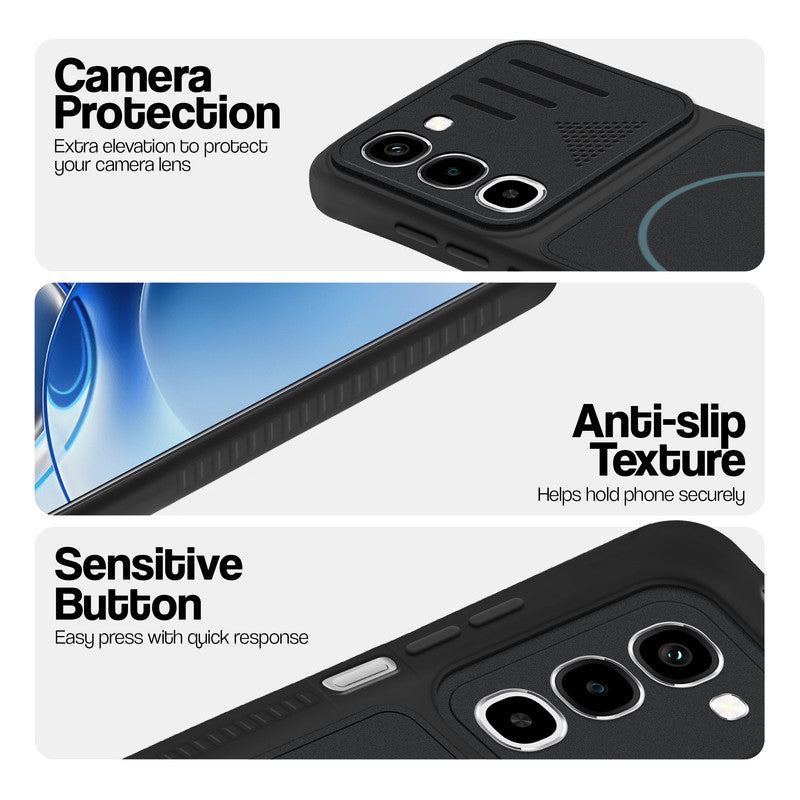 Stone Black - Blue Ring phone case for Realme 16x 5G showing camera safety edges, anti slip side grip and easy press button covers.