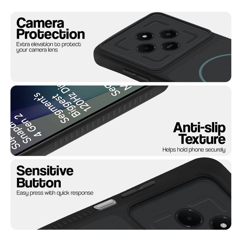 Stone Black - Blue Ring phone case for Redmi 14C 5G showing camera safety edges, anti slip side grip and easy press button covers.