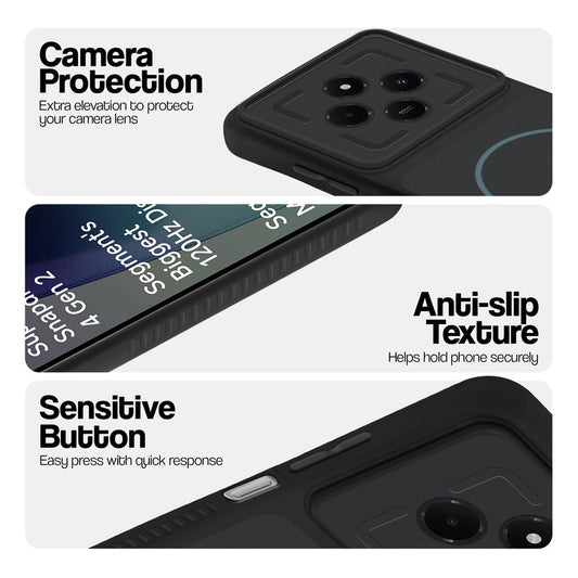 Stone Black - Blue Ring phone case for Redmi 14C 5G showing camera safety edges, anti slip side grip and easy press button covers.