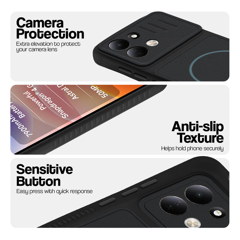 Stone Black - Blue Ring phone case for Redmi 17 5G showing camera safety edges, anti slip side grip and easy press button covers.