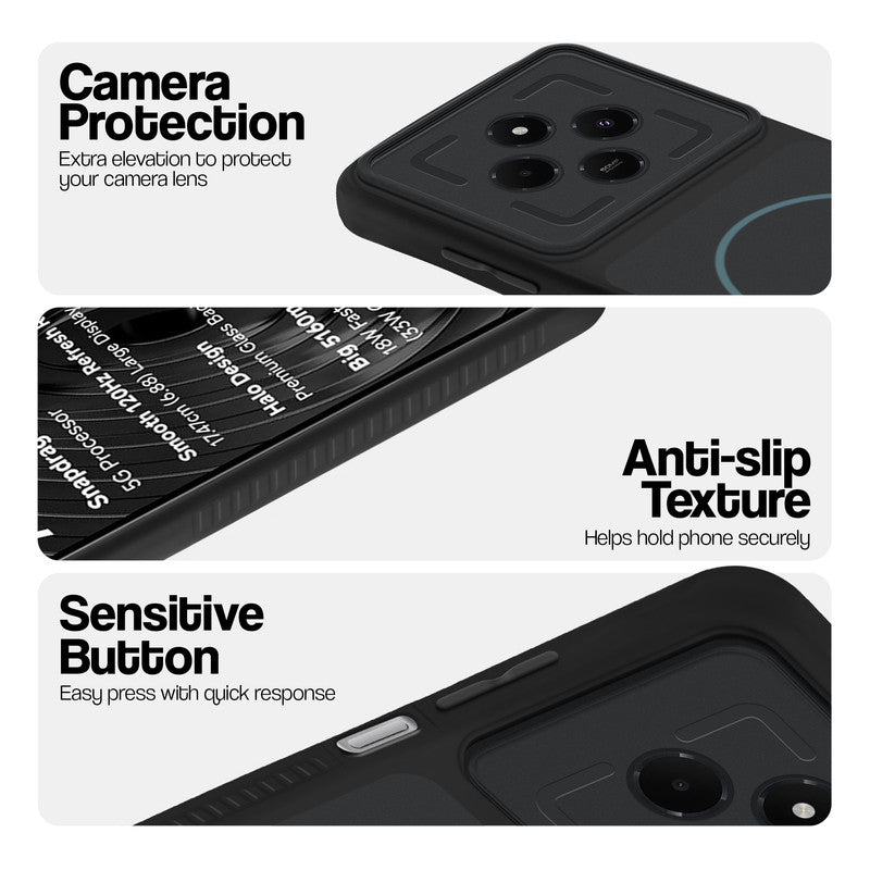 Stone Black - Blue Ring phone case for Redmi A4 5G showing camera safety edges, anti slip side grip and easy press button covers.