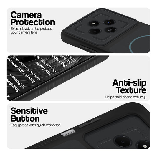 Stone Black - Blue Ring phone case for Redmi A4 5G showing camera safety edges, anti slip side grip and easy press button covers.
