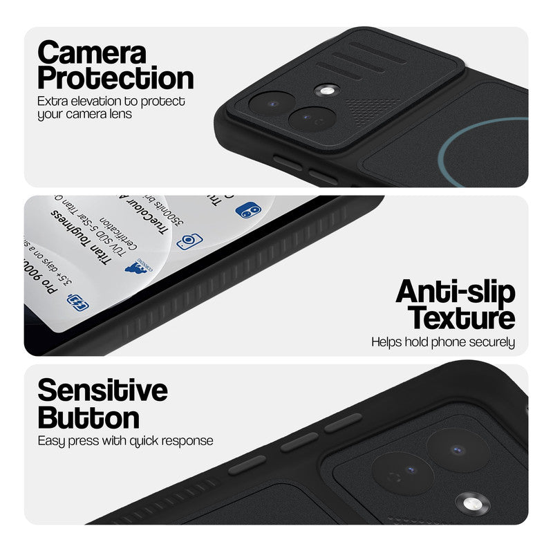 Stone Black - Blue Ring phone case for Redmi Note 17 Pro 5G showing camera safety edges, anti slip side grip and easy press button covers.