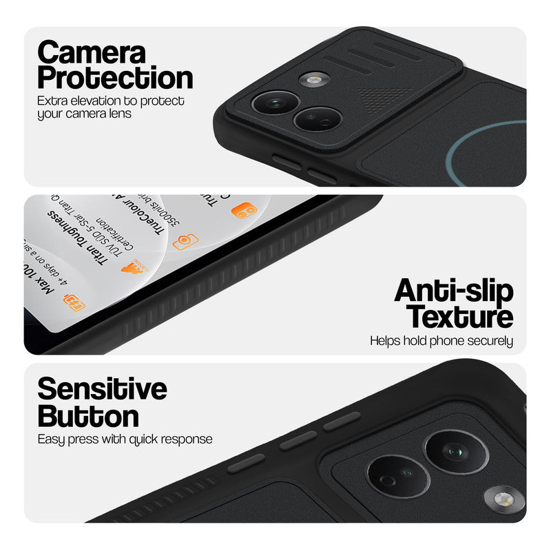 Stone Black - Blue Ring phone case for Redmi Note 17 Pro Max 5G showing camera safety edges, anti slip side grip and easy press button covers.