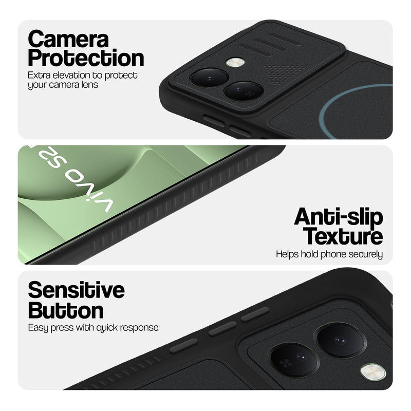 Stone Black - Blue Ring phone case for Vivo S2 FE 5G showing camera safety edges, anti slip side grip and easy press button covers.