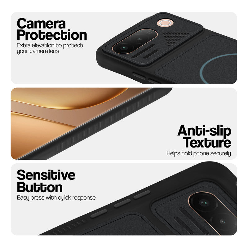 Stone Black - Blue Ring phone case for Vivo T5 5G showing camera safety edges, anti slip side grip and easy press button covers.