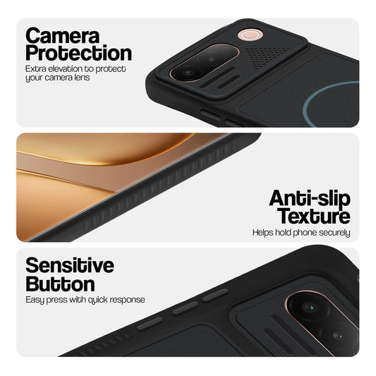 Stone Black - Blue Ring phone case for Vivo T5 5G showing camera safety edges, anti slip side grip and easy press button covers.