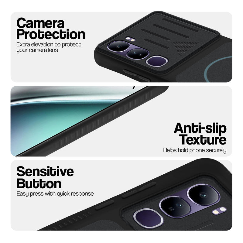 Stone Black - Blue Ring phone case for Vivo Y300 5G showing camera safety edges, anti slip side grip and easy press button covers.